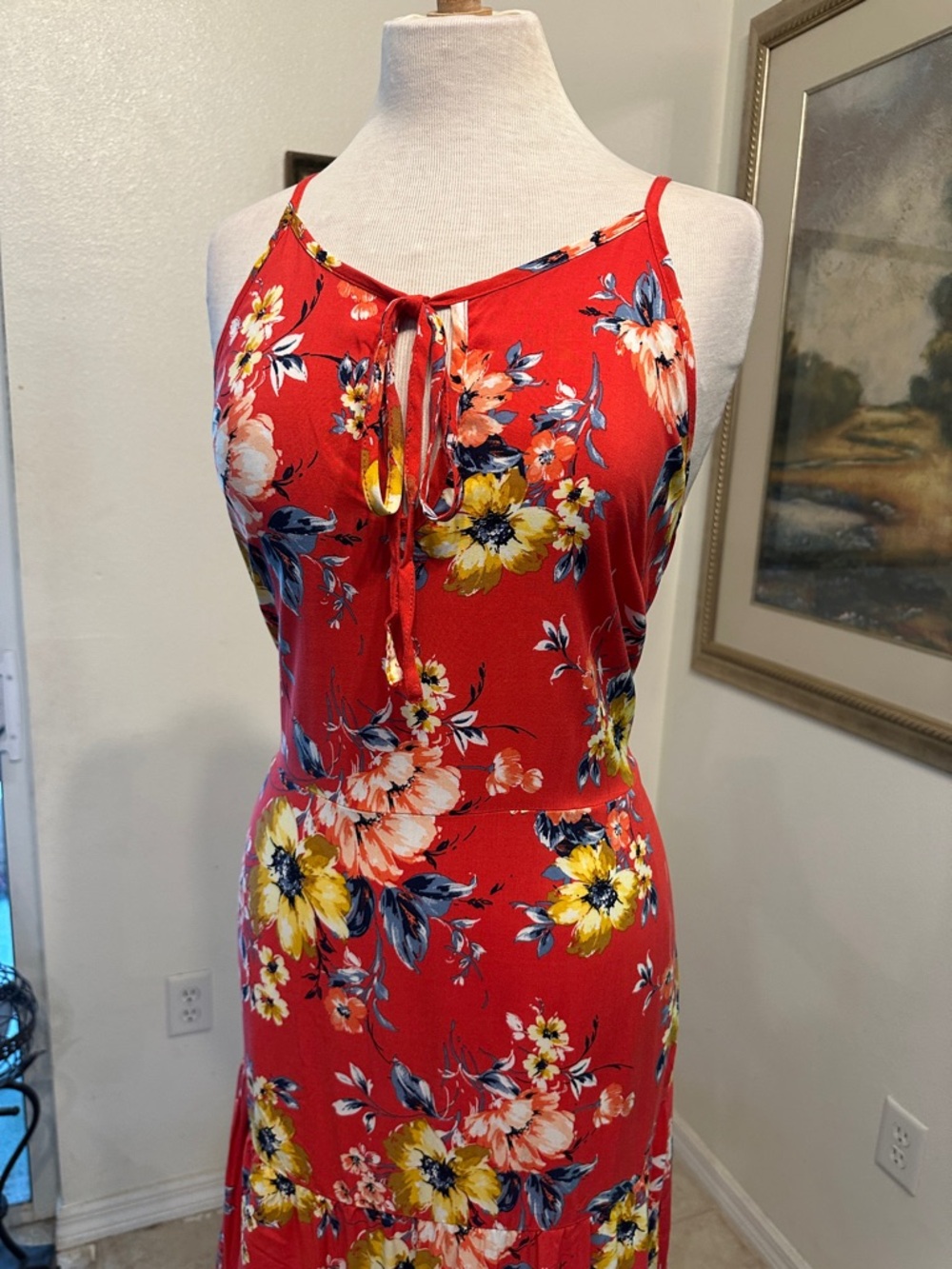 Band of Gypsies Red Floral Boho Maxi Dress w/Adjustable Straps Size Large - Picture 7 of 16